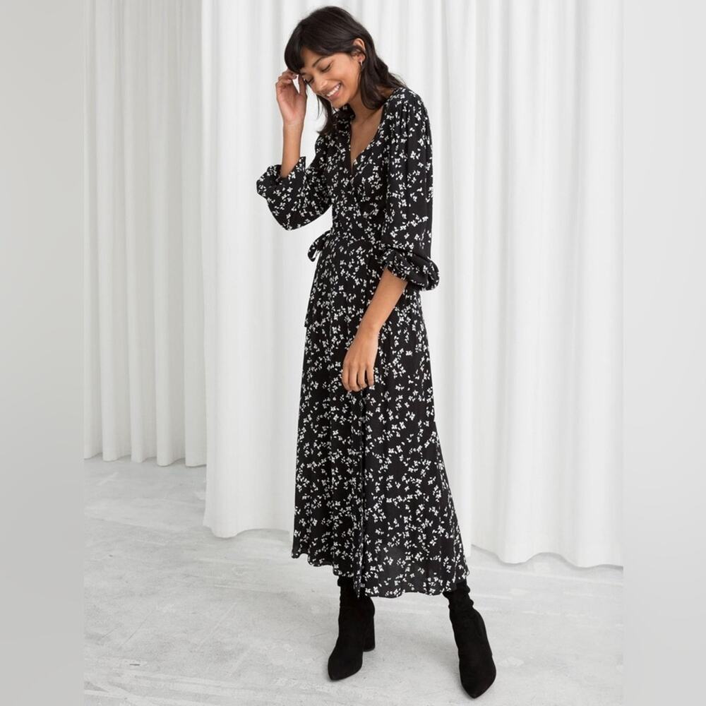 & Other Stories Petal Floral Midi Wrap Dress Black White Womens Size 2